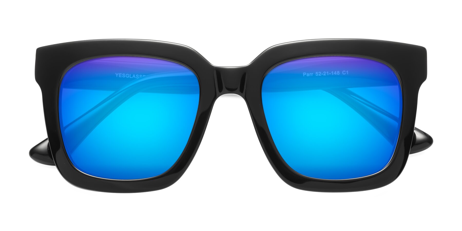 Folded Front of Parr in Black with Blue Mirrored Lenses