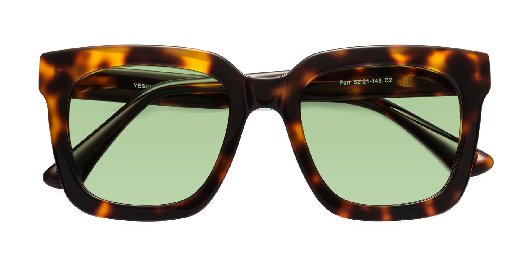 Folded Front of Parr in Tortoise with Medium Green Tinted Lenses