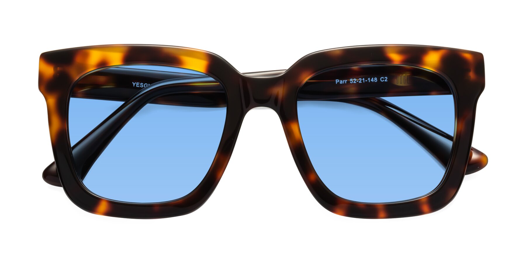 Folded Front of Parr in Tortoise with Medium Blue Tinted Lenses