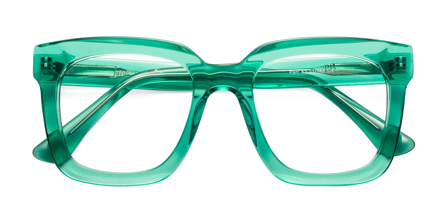 Folded Front of Parr in Green with Clear Reading Eyeglass Lenses