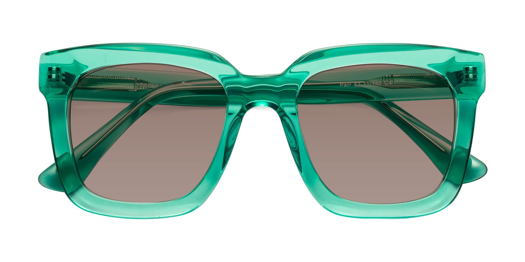 Folded Front of Parr in Green with Medium Brown Tinted Lenses