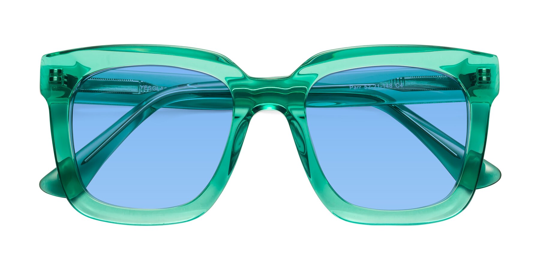 Folded Front of Parr in Green with Medium Blue Tinted Lenses