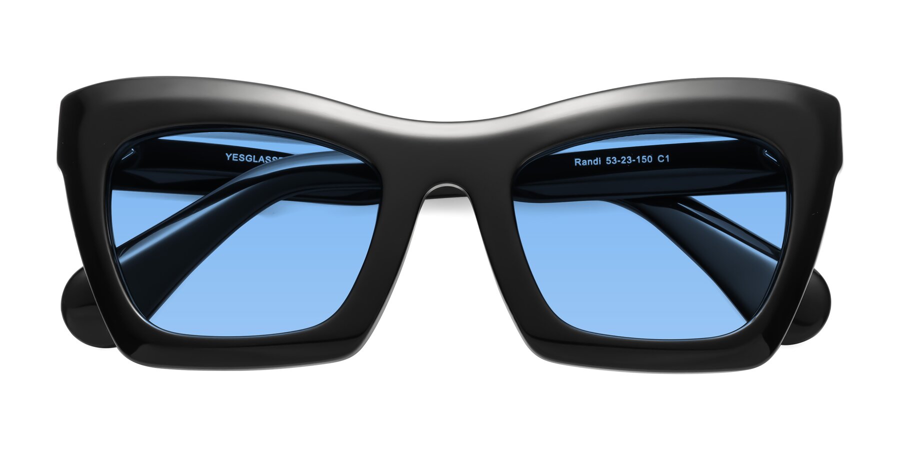 Folded Front of Randi in Black with Medium Blue Tinted Lenses