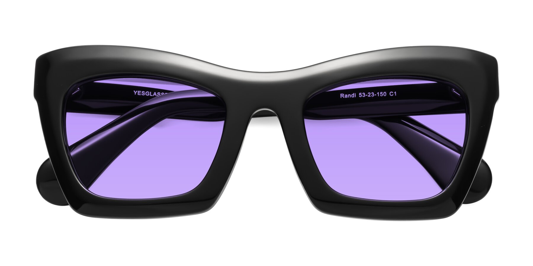 Folded Front of Randi in Black with Medium Purple Tinted Lenses