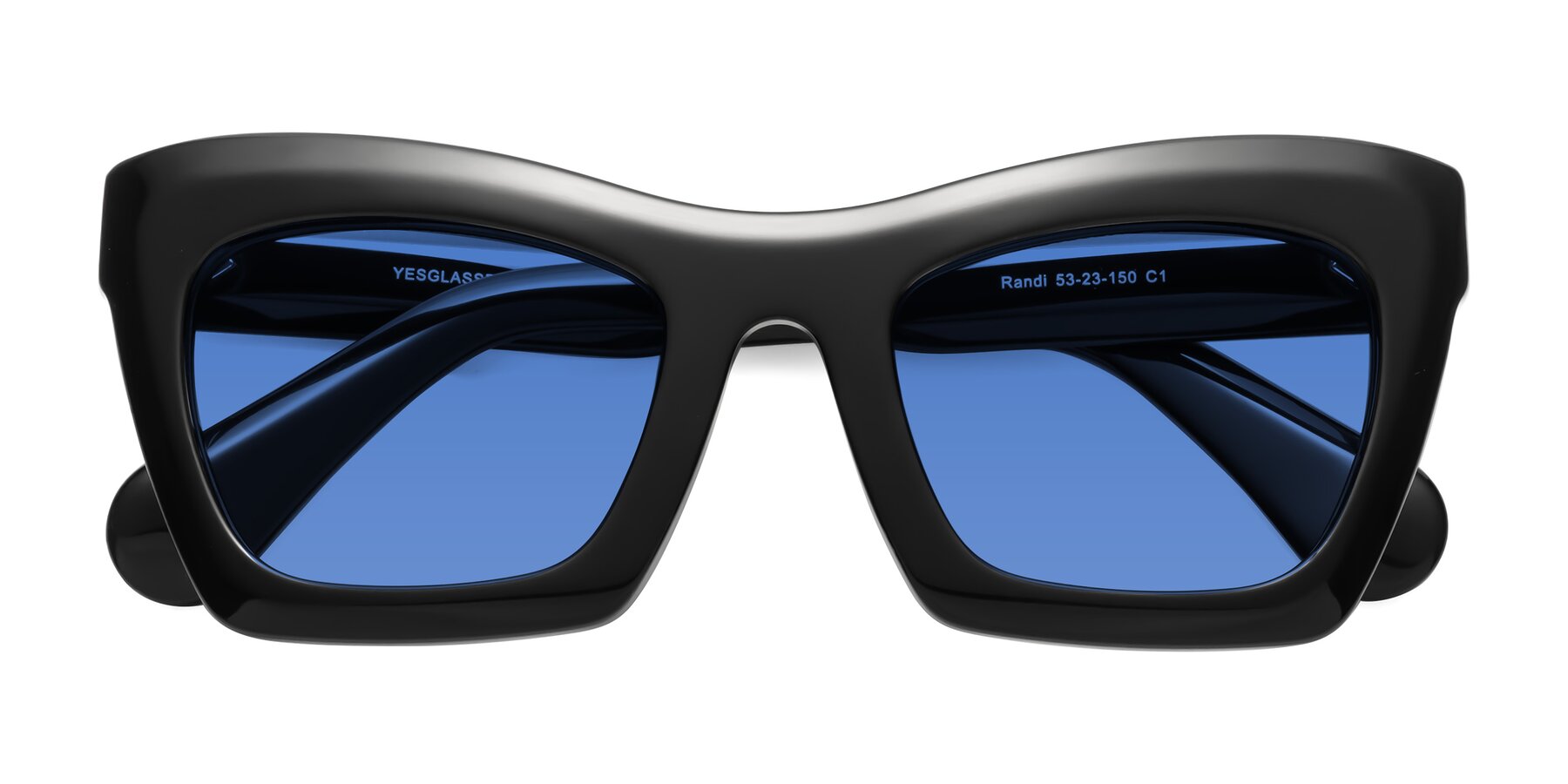 Folded Front of Randi in Black with Blue Tinted Lenses