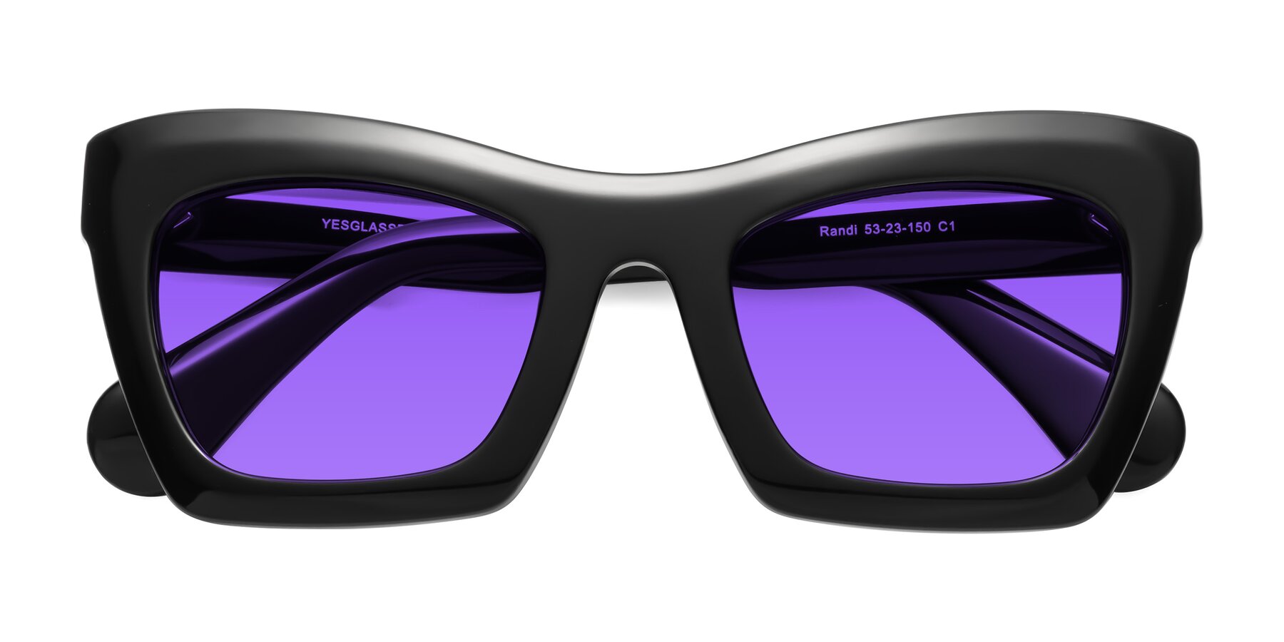 Folded Front of Randi in Black with Purple Tinted Lenses