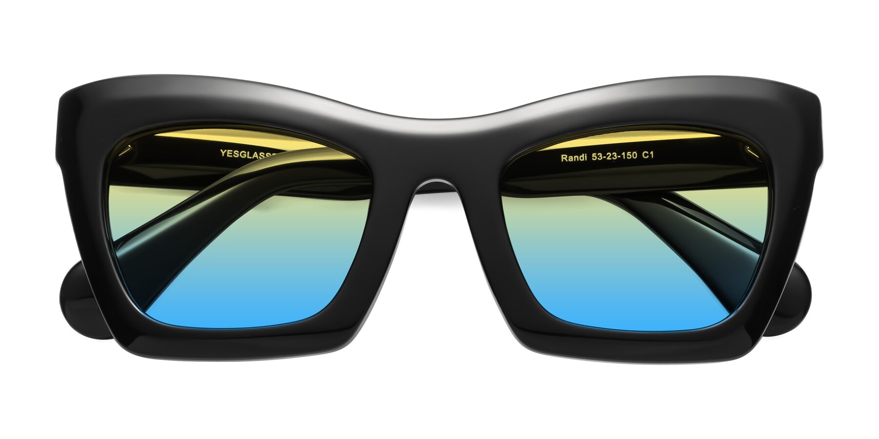 Folded Front of Randi in Black with Yellow / Blue Gradient Lenses
