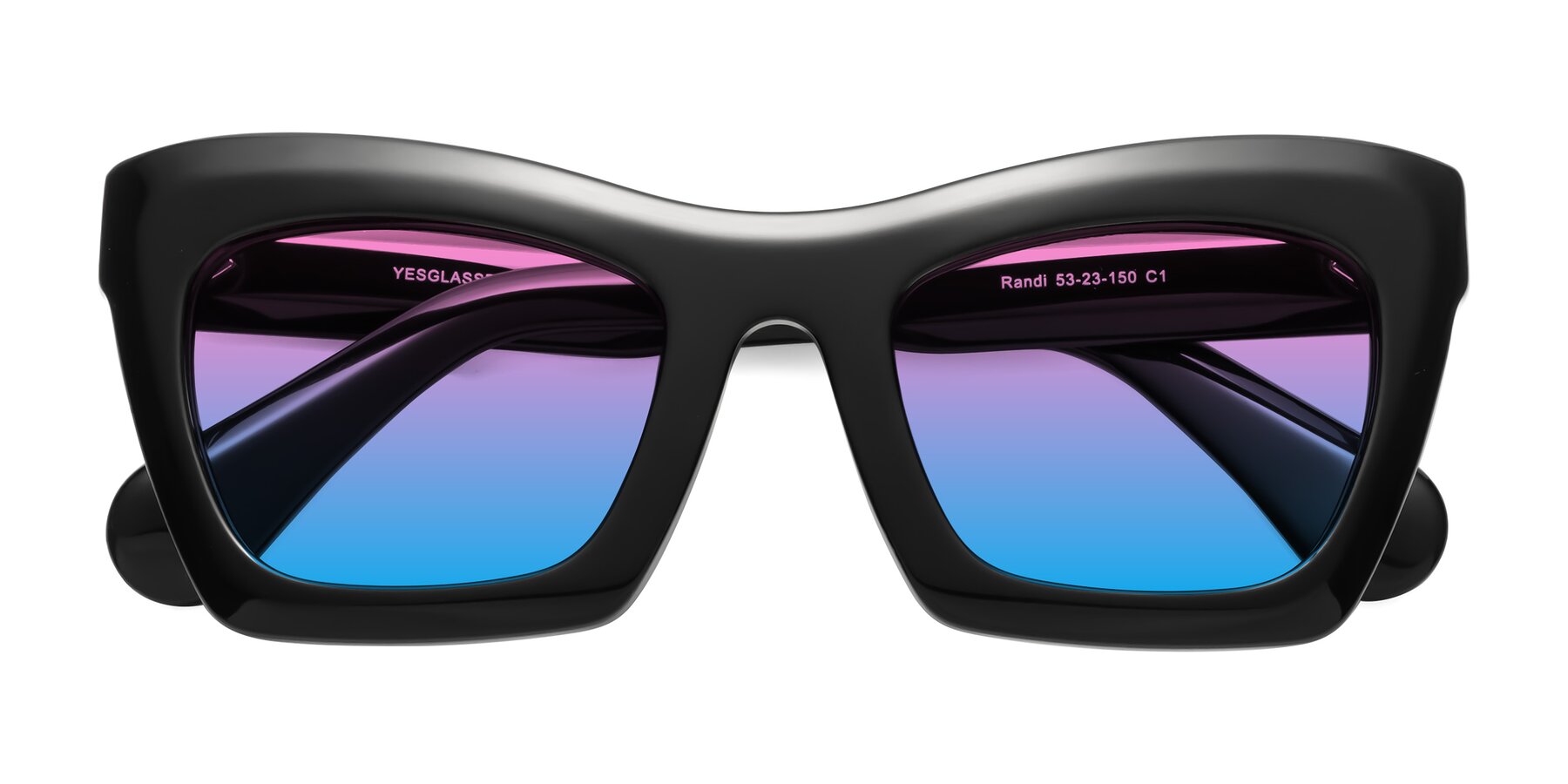 Folded Front of Randi in Black with Pink / Blue Gradient Lenses