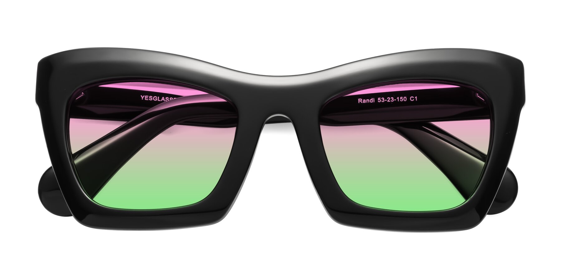 Folded Front of Randi in Black with Pink / Green Gradient Lenses