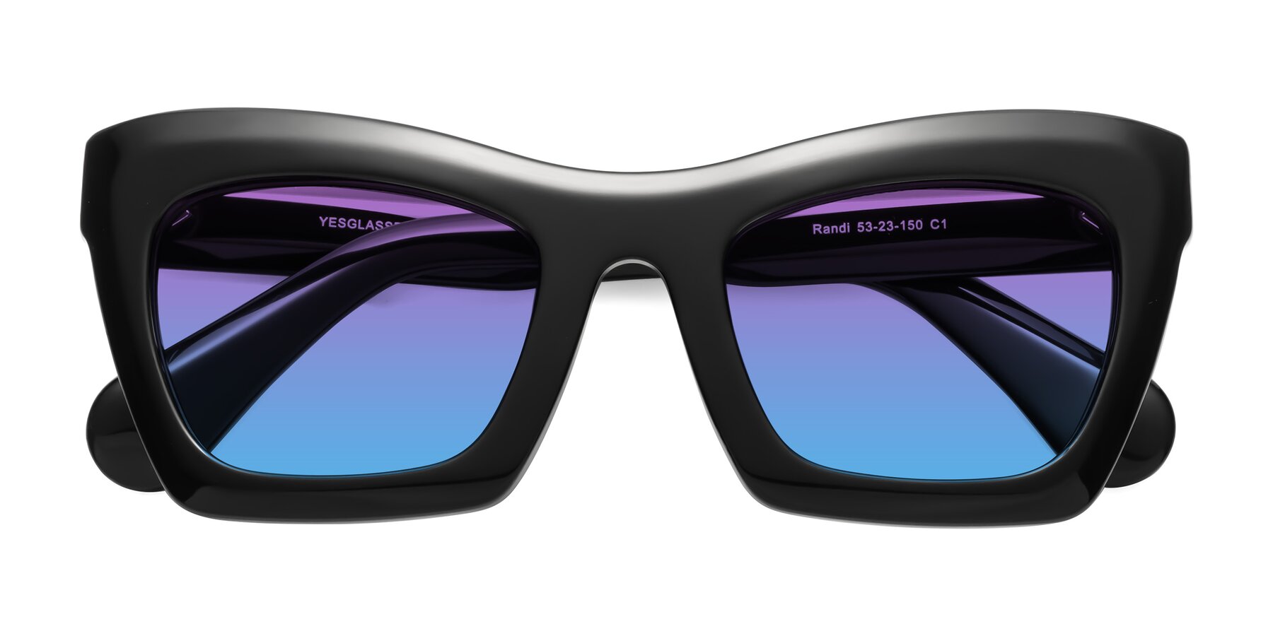 Folded Front of Randi in Black with Purple / Blue Gradient Lenses