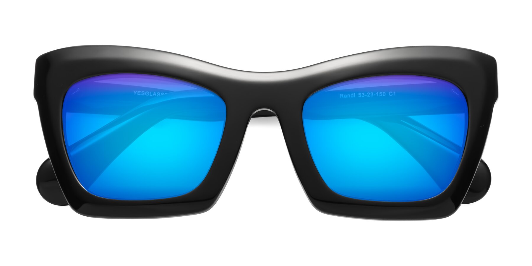 Folded Front of Randi in Black with Blue Mirrored Lenses