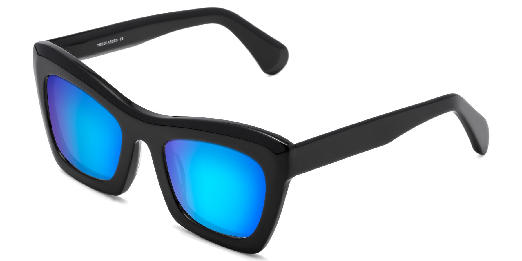 Angle of Randi in Black with Blue Mirrored Lenses