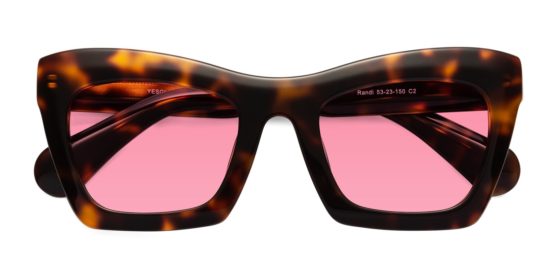 Folded Front of Randi in Tortoise with Pink Tinted Lenses