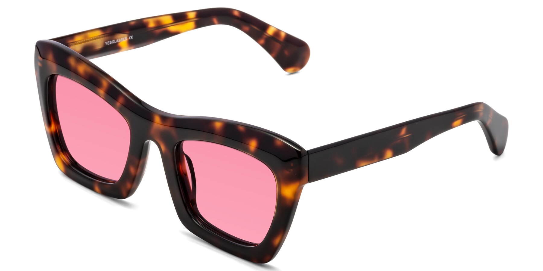 Angle of Randi in Tortoise with Pink Tinted Lenses