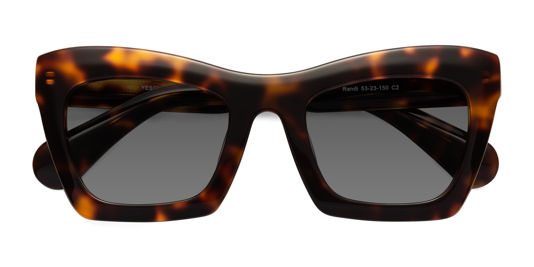Folded Front of Randi in Tortoise with Medium Gray Tinted Lenses