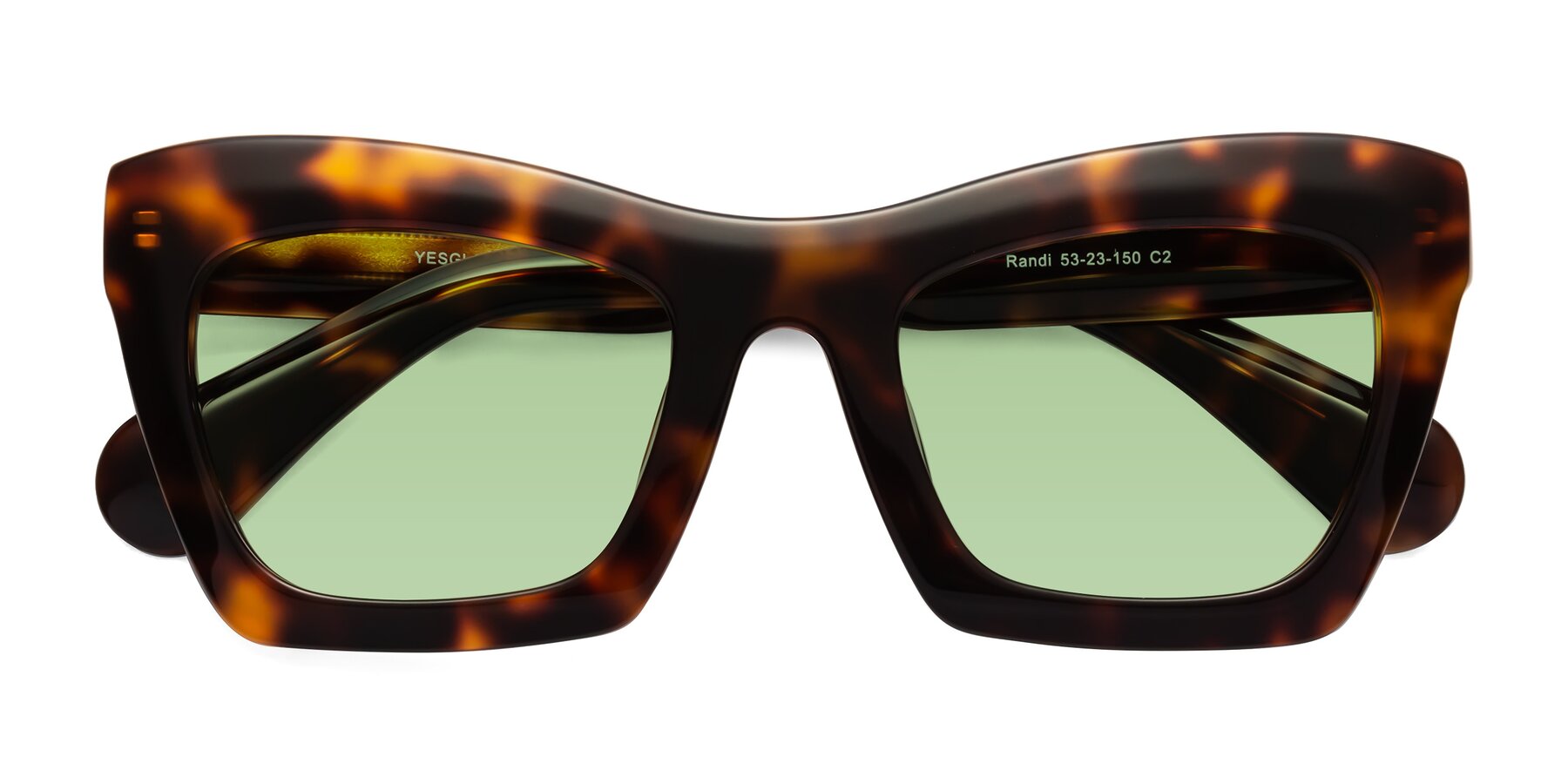 Folded Front of Randi in Tortoise with Medium Green Tinted Lenses