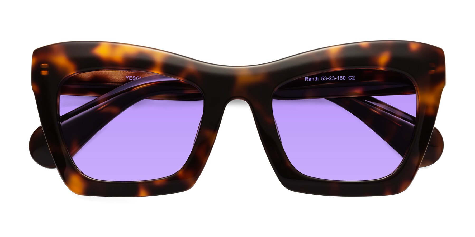 Folded Front of Randi in Tortoise with Medium Purple Tinted Lenses
