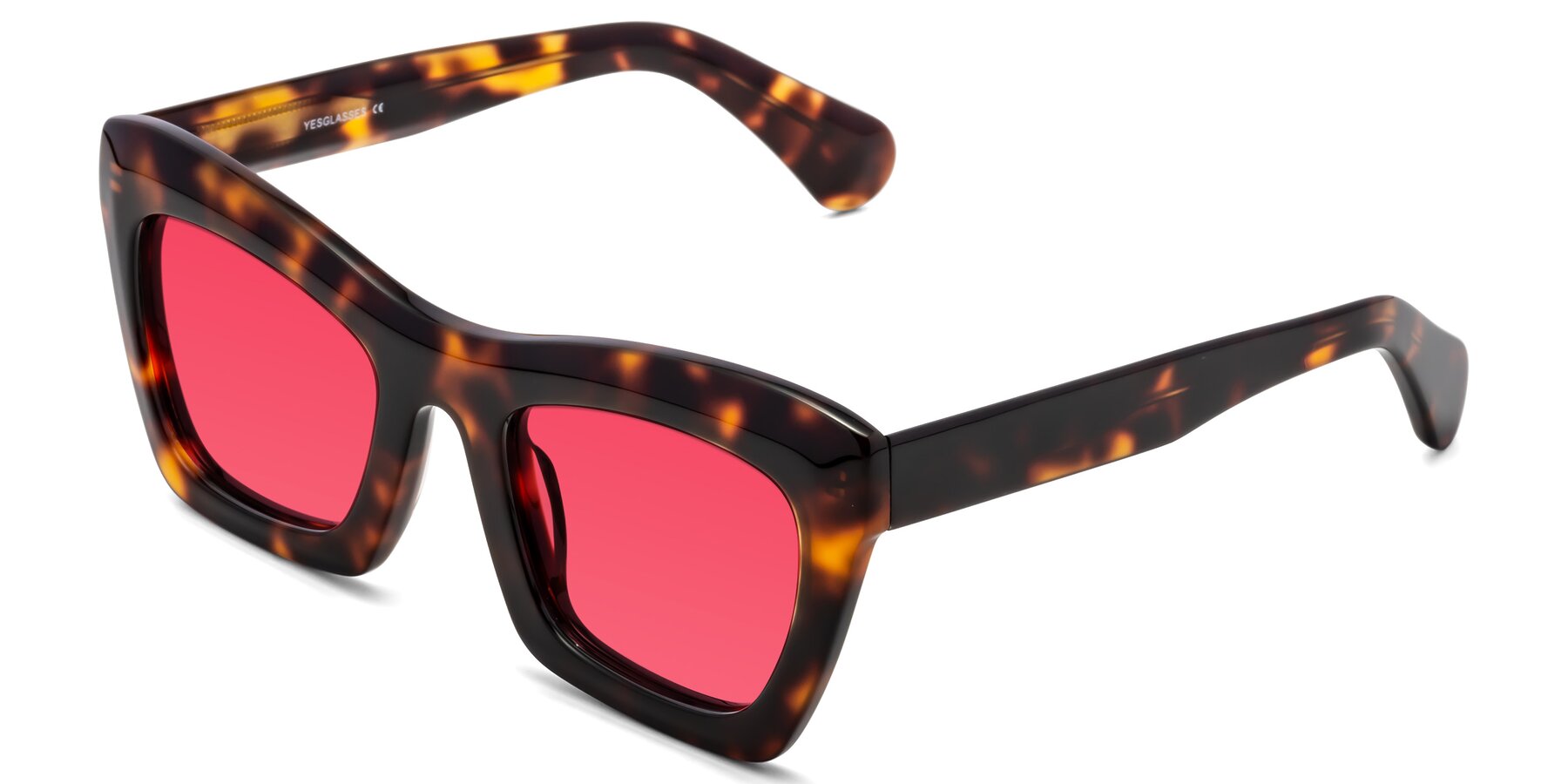 Angle of Randi in Tortoise with Red Tinted Lenses