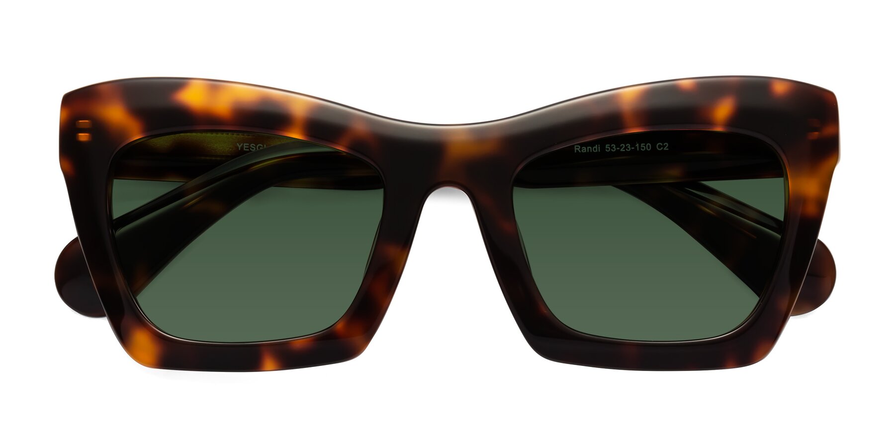 Folded Front of Randi in Tortoise with Green Tinted Lenses