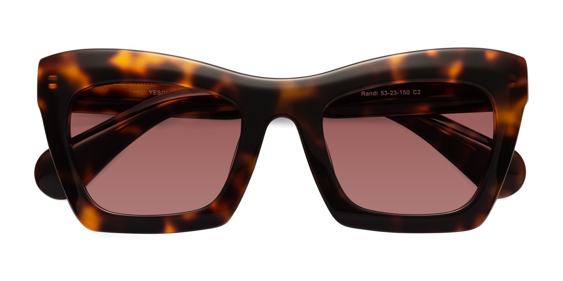 Folded Front of Randi in Tortoise with Garnet Tinted Lenses