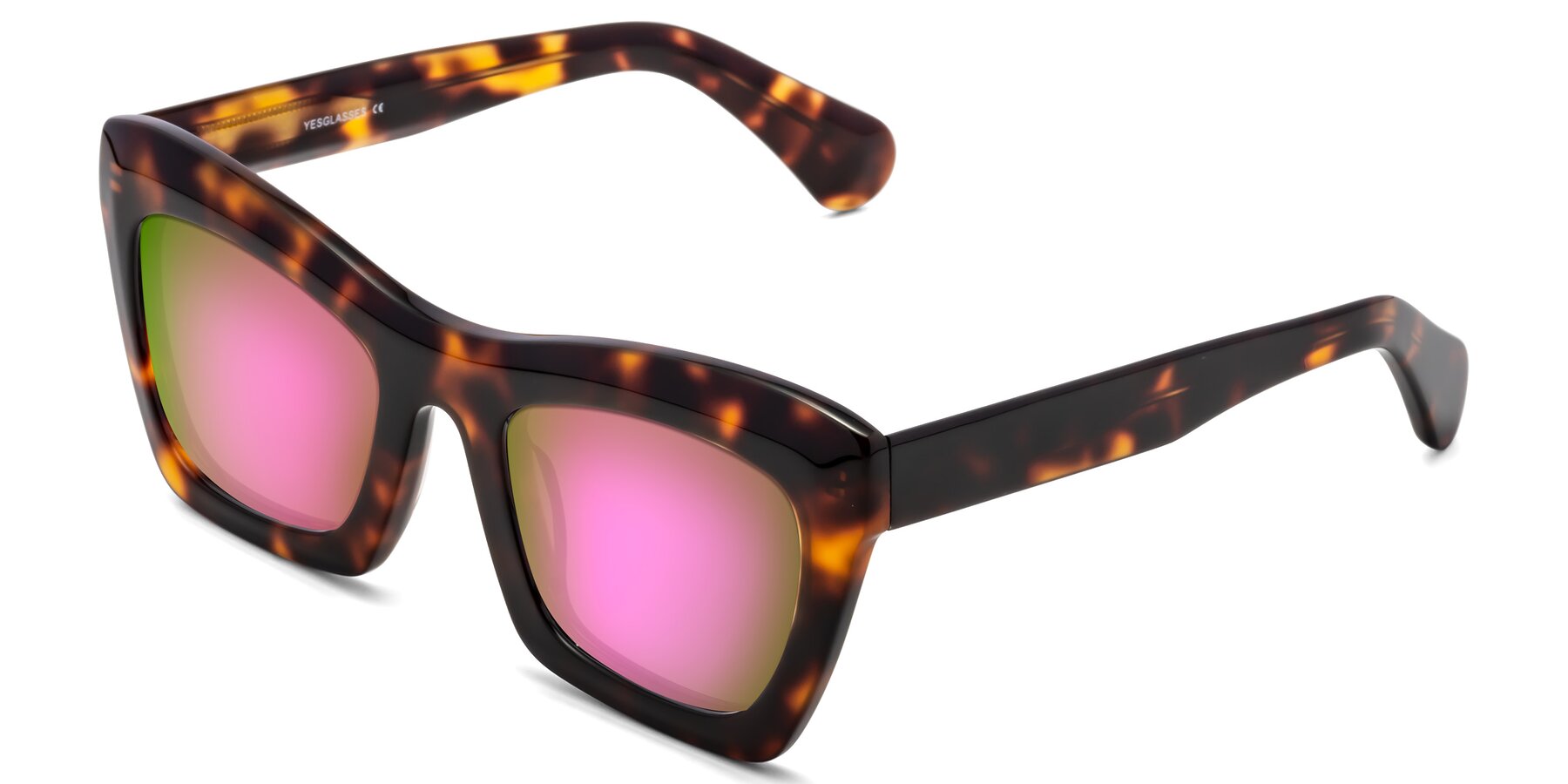 Angle of Randi in Tortoise with Pink Mirrored Lenses