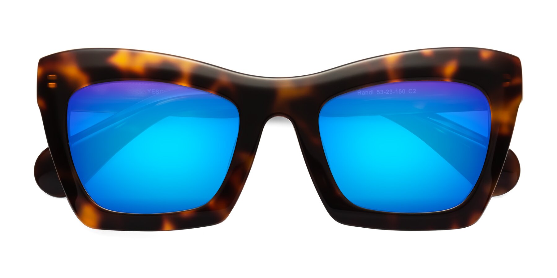 Folded Front of Randi in Tortoise with Blue Mirrored Lenses