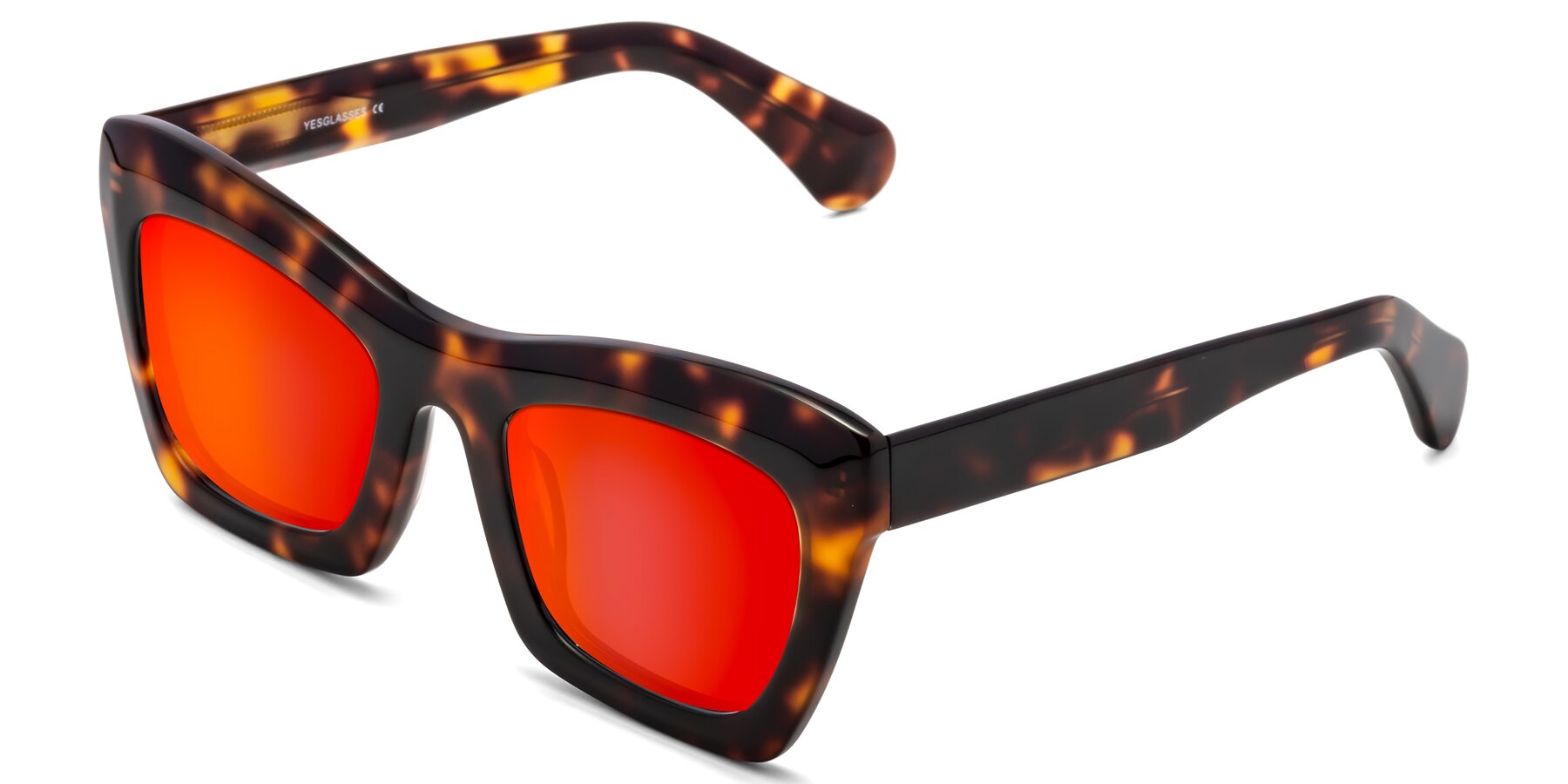 Angle of Randi in Tortoise with Red Gold Mirrored Lenses