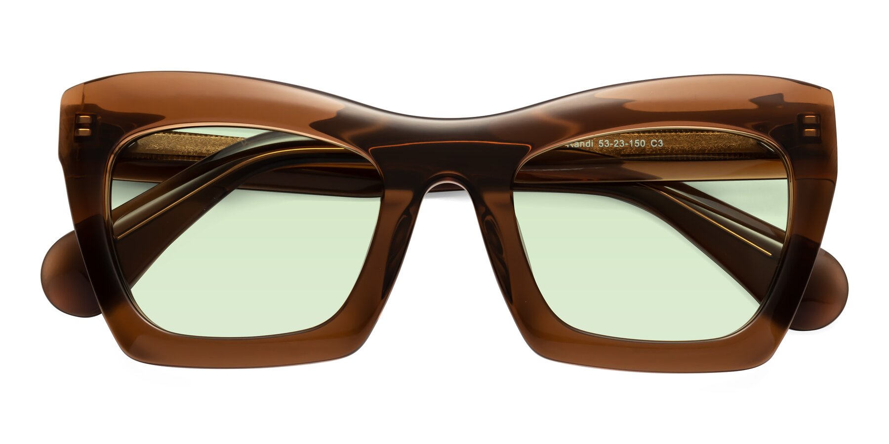 Folded Front of Randi in Brown with Light Green Tinted Lenses