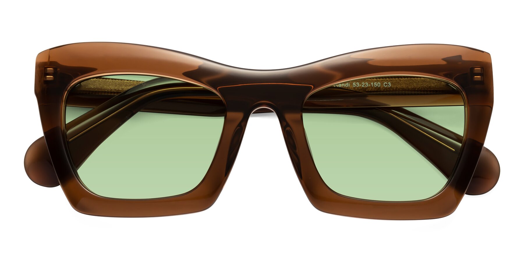 Folded Front of Randi in Brown with Medium Green Tinted Lenses