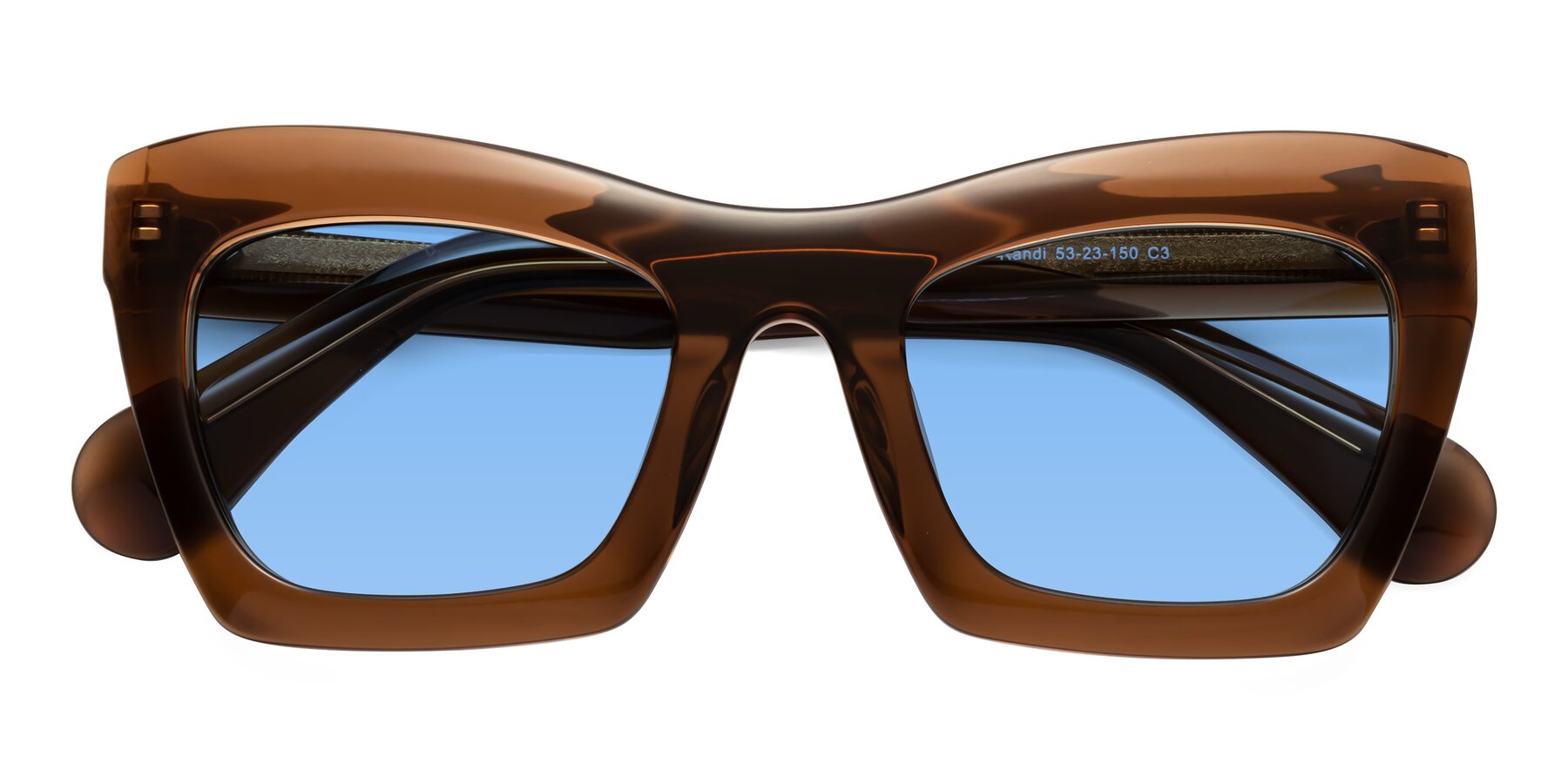 Folded Front of Randi in Brown with Medium Blue Tinted Lenses
