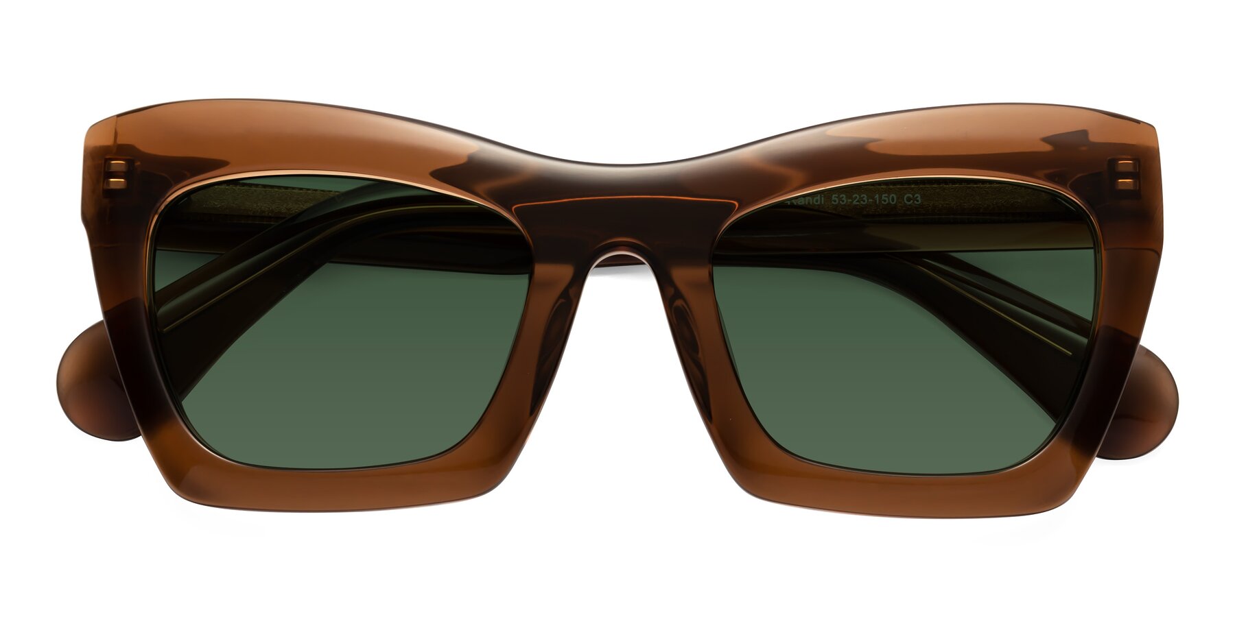 Folded Front of Randi in Brown with Green Tinted Lenses