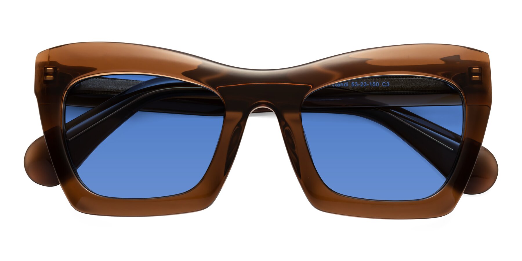 Folded Front of Randi in Brown with Blue Tinted Lenses