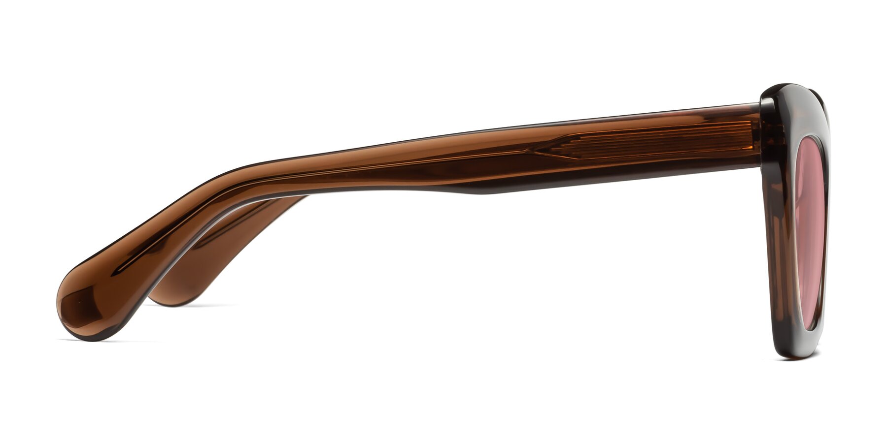 Side of Randi in Brown with Medium Garnet Tinted Lenses