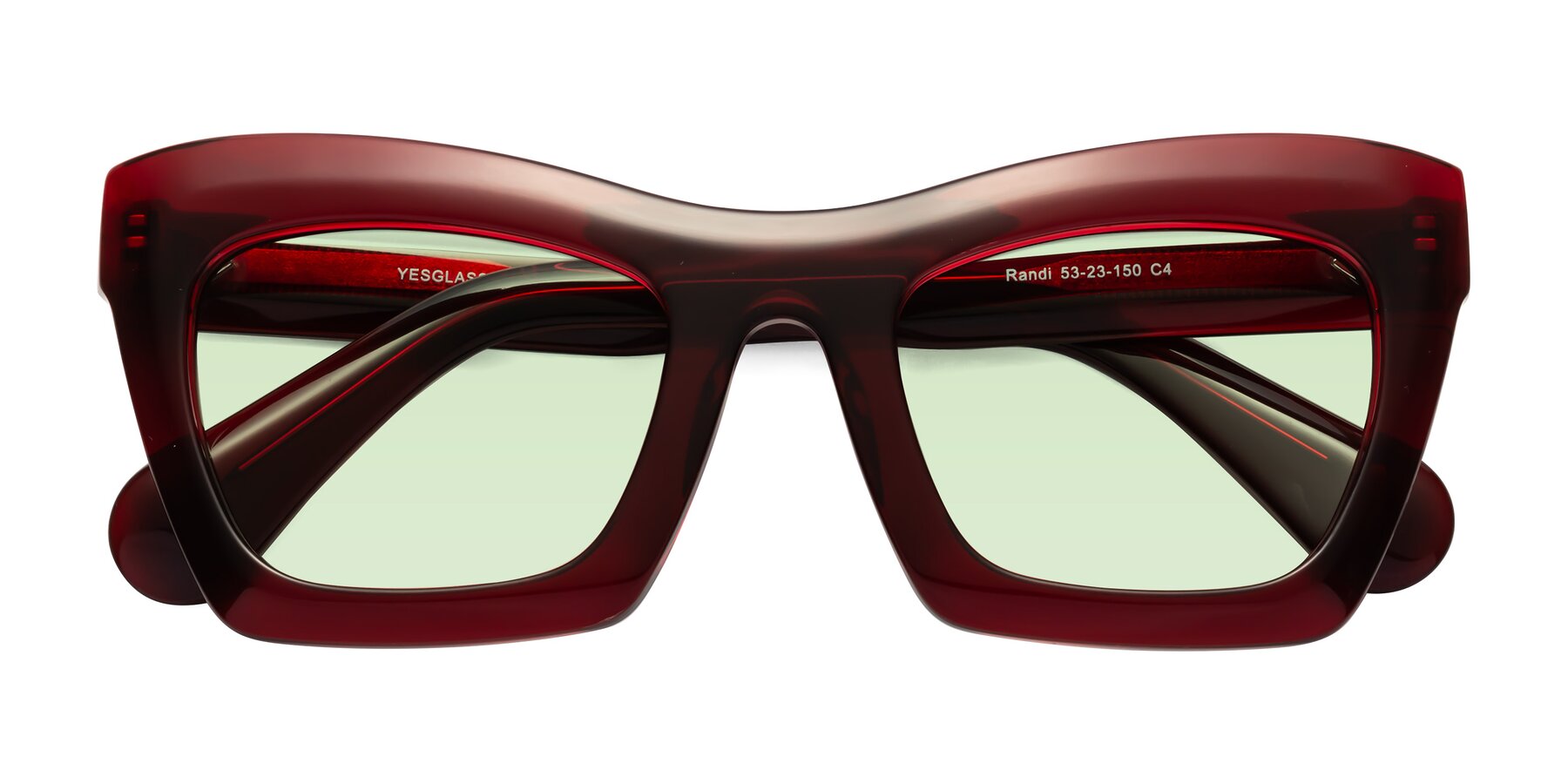 Folded Front of Randi in Wine with Light Green Tinted Lenses