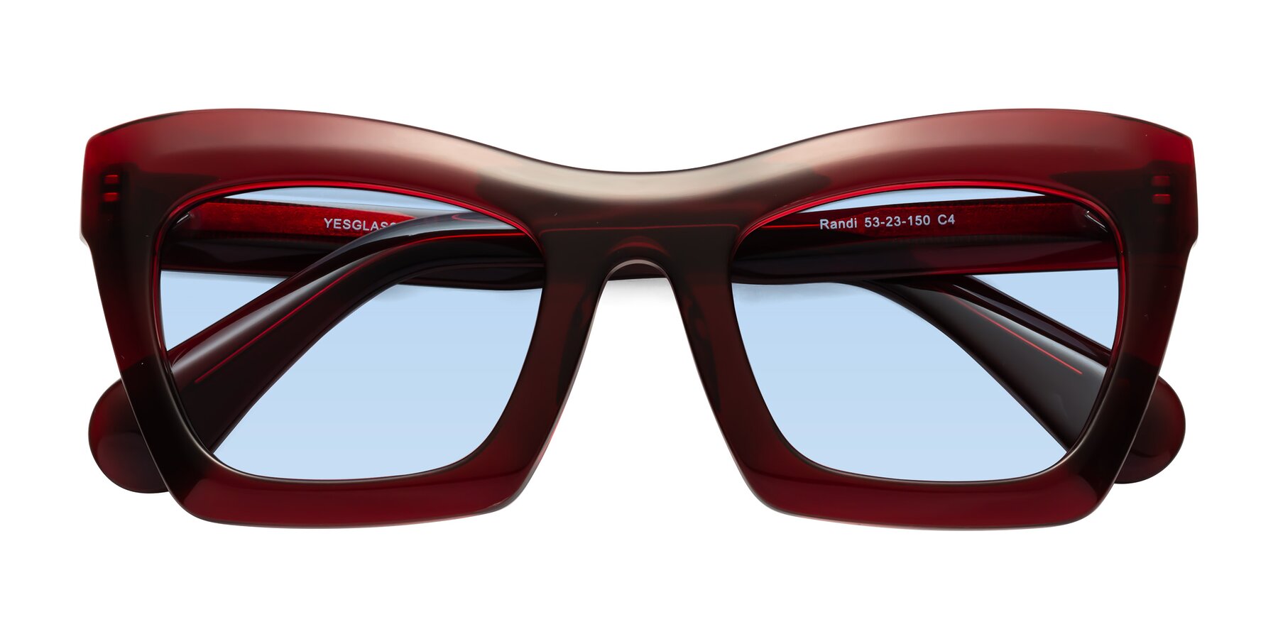 Folded Front of Randi in Wine with Light Blue Tinted Lenses
