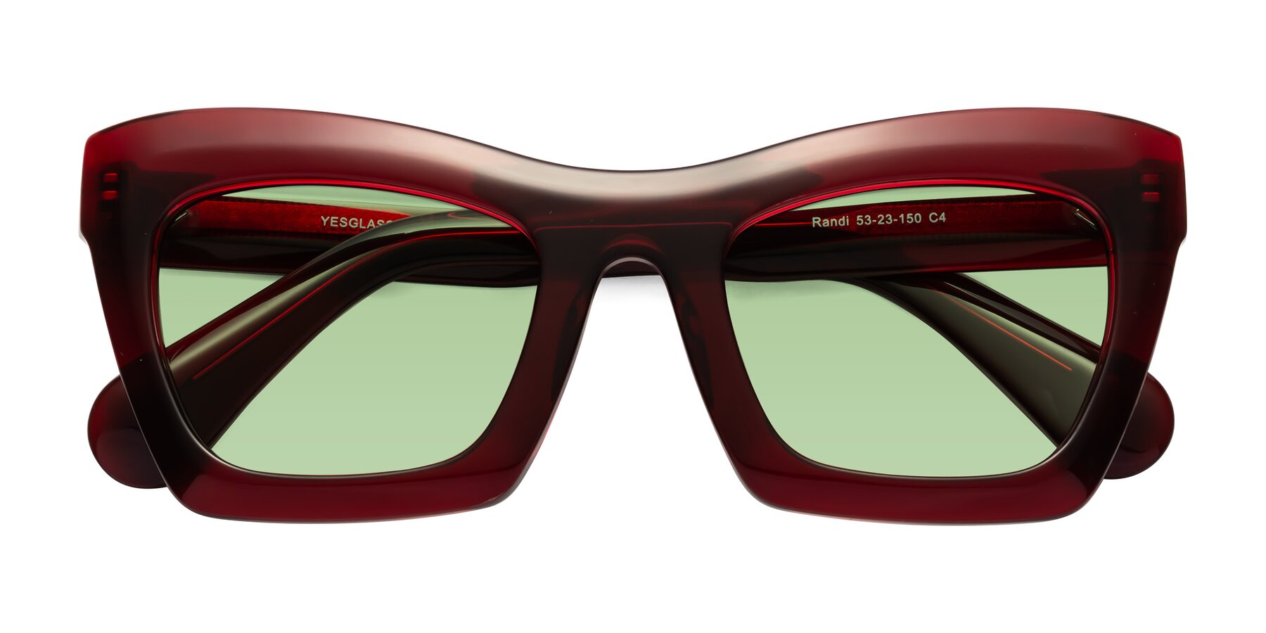 Folded Front of Randi in Wine with Medium Green Tinted Lenses