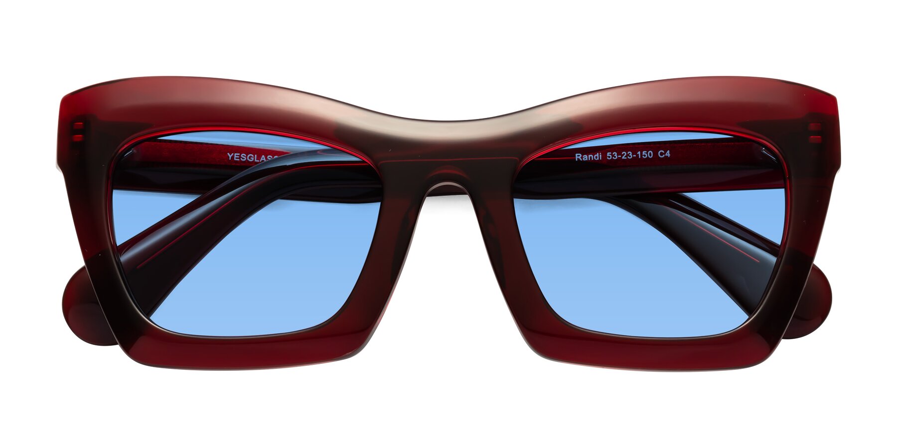 Folded Front of Randi in Wine with Medium Blue Tinted Lenses