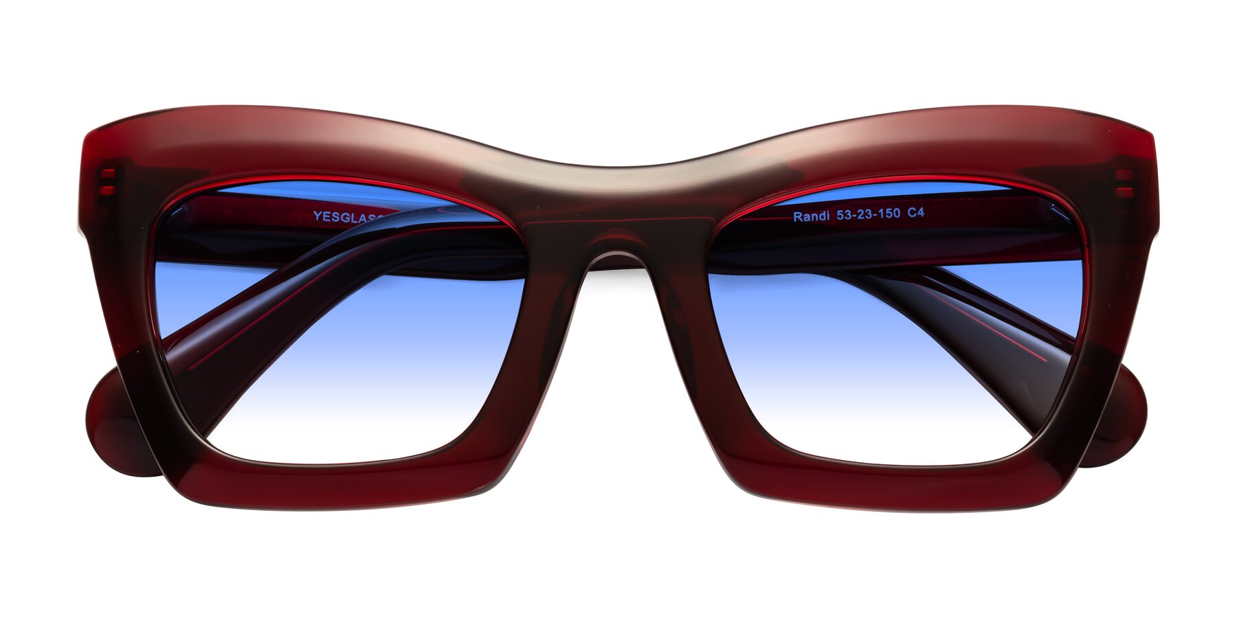 Folded Front of Randi in Wine with Blue Gradient Lenses