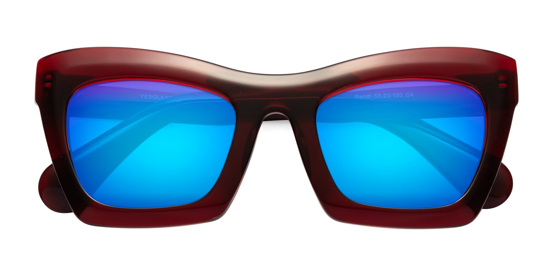 Folded Front of Randi in Wine with Blue Mirrored Lenses