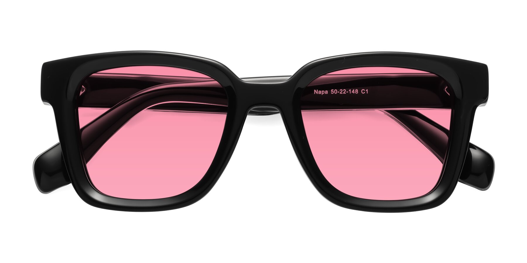 Black Hipster Acetate Trapezoid Tinted Sunglasses with Pink Sunwear Lenses - Napa