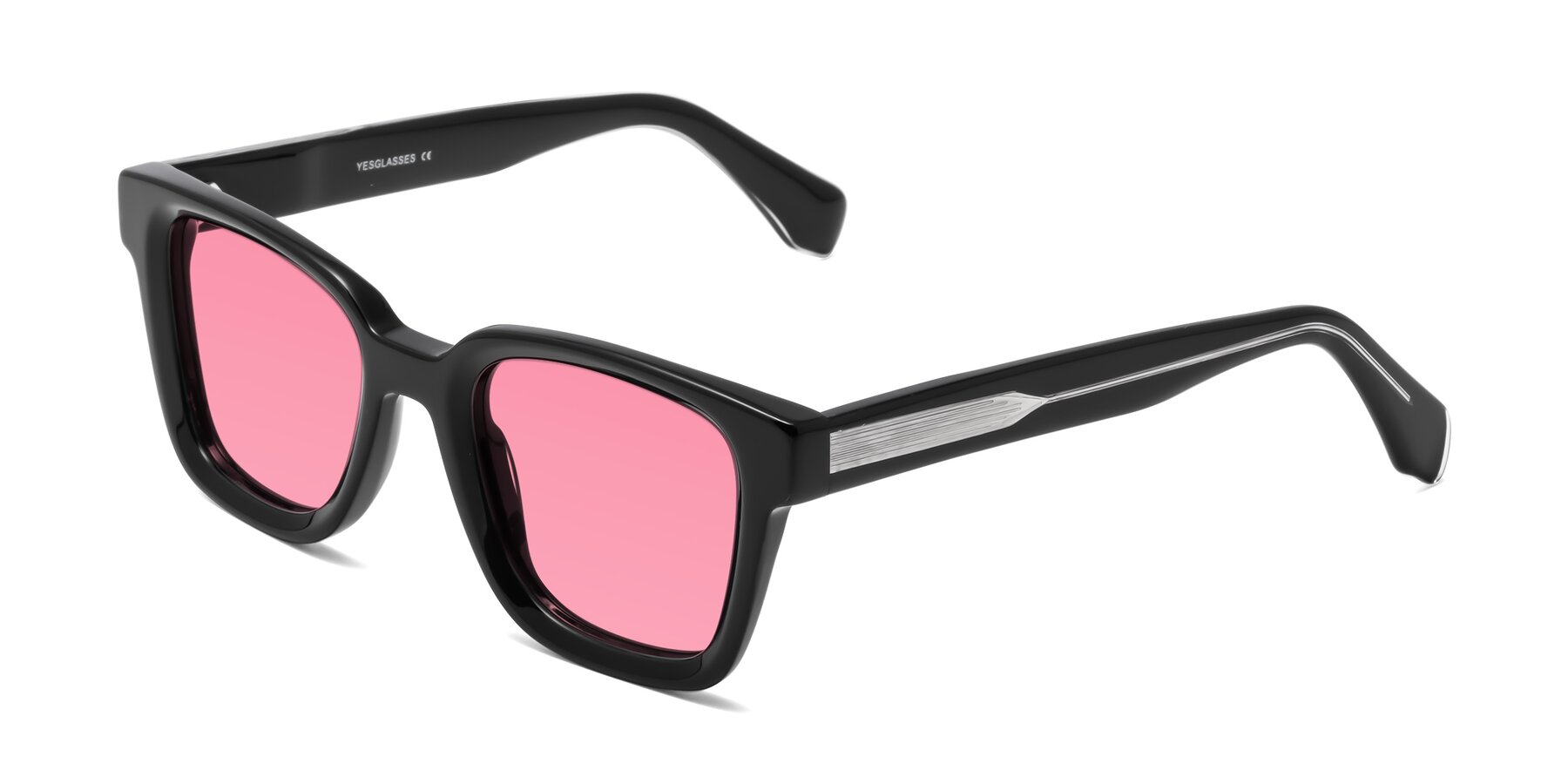 Black Hipster Acetate Trapezoid Tinted Sunglasses with Pink Sunwear Lenses - Napa