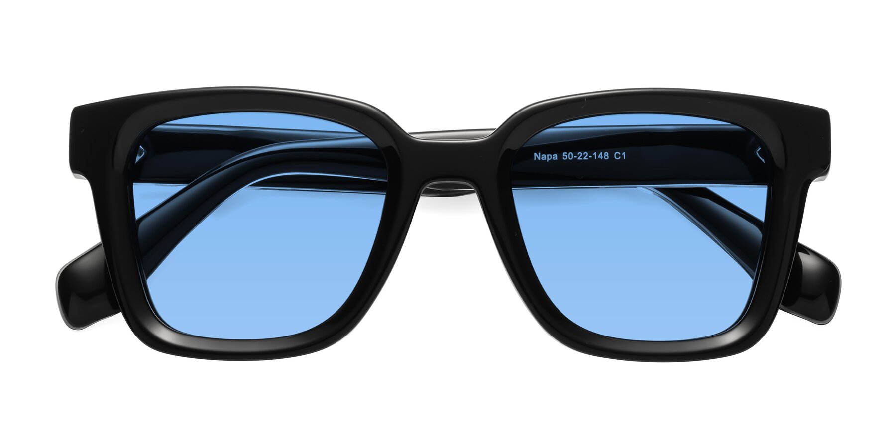 Folded Front of Napa in Black with Medium Blue Tinted Lenses