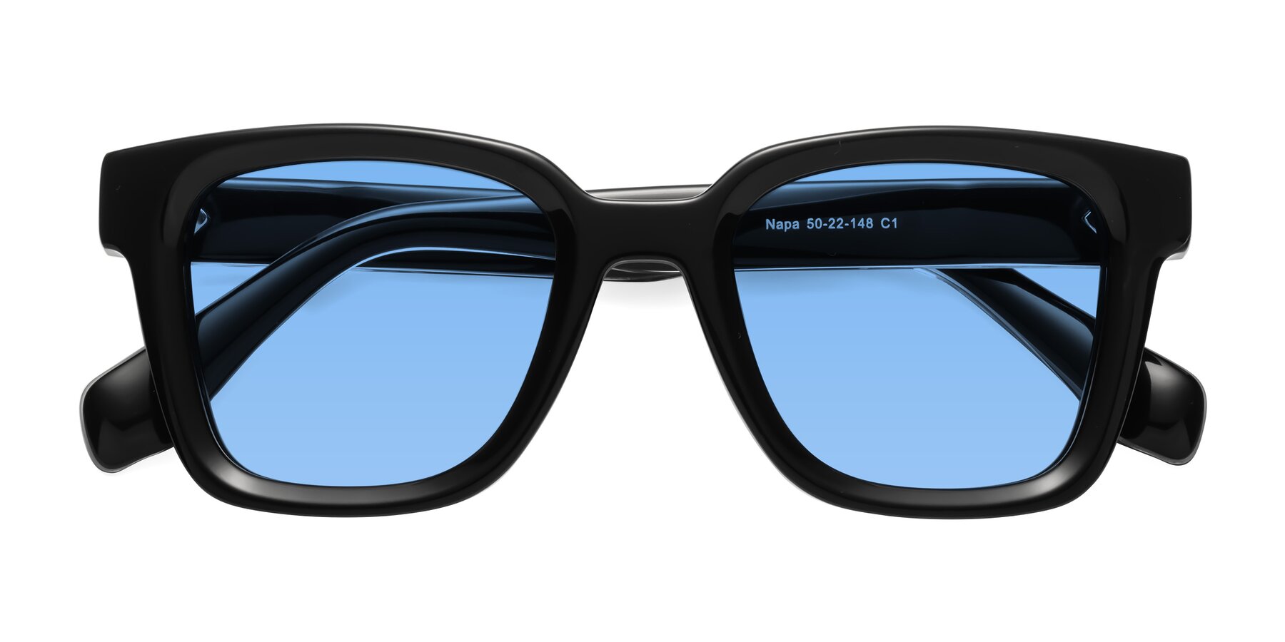 Black Hipster Acetate Trapezoid Tinted Sunglasses with Medium Blue Sunwear Lenses - Napa