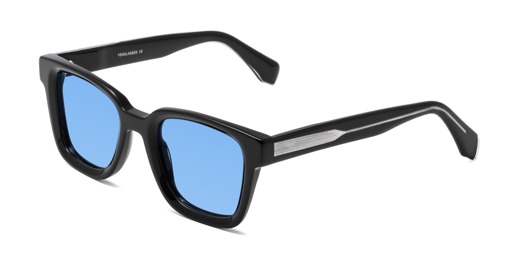 Black Hipster Acetate Trapezoid Tinted Sunglasses with Medium Blue Sunwear Lenses - Napa