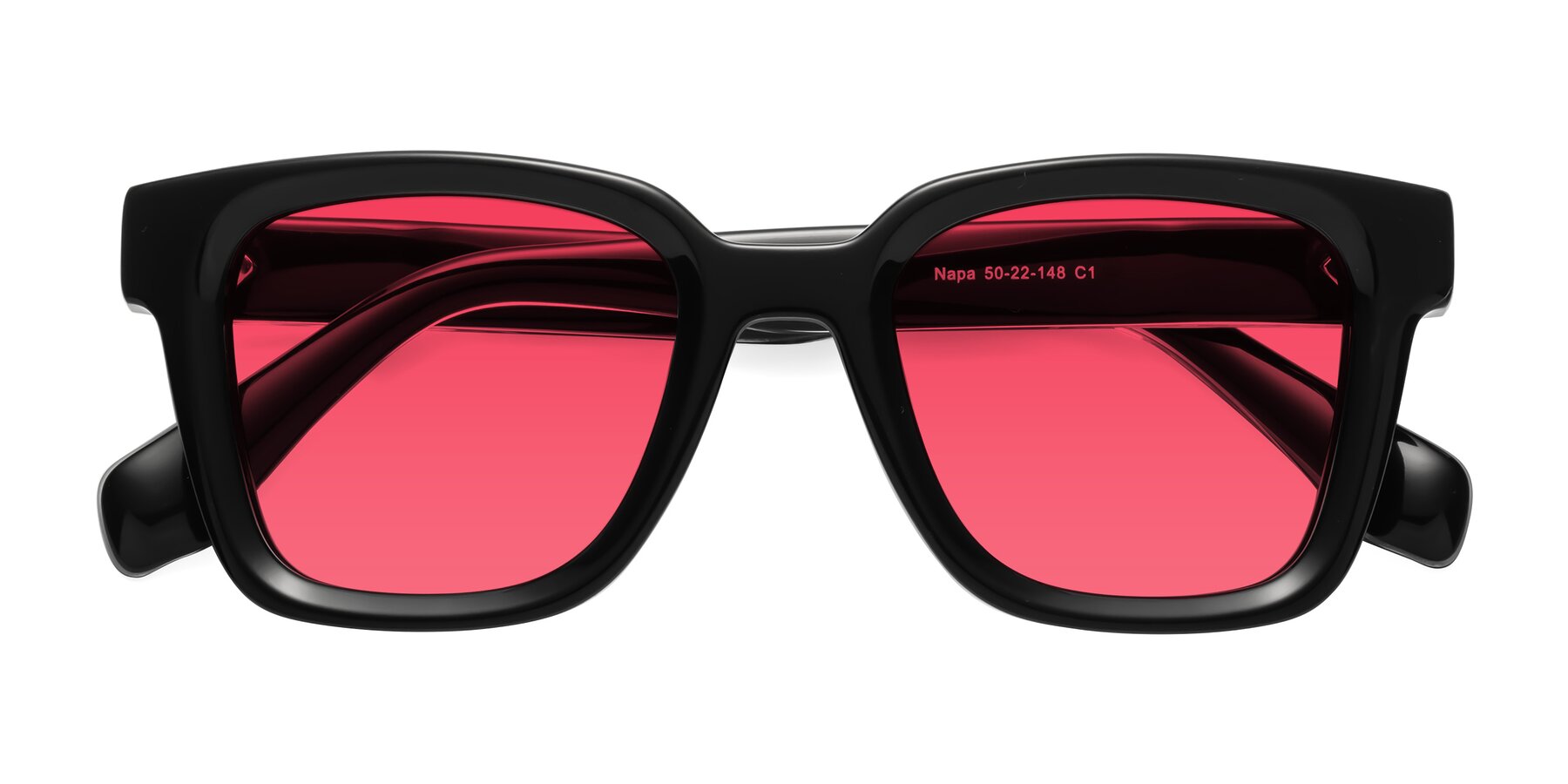 Black Hipster Acetate Trapezoid Tinted Sunglasses with Red Sunwear Lenses - Napa