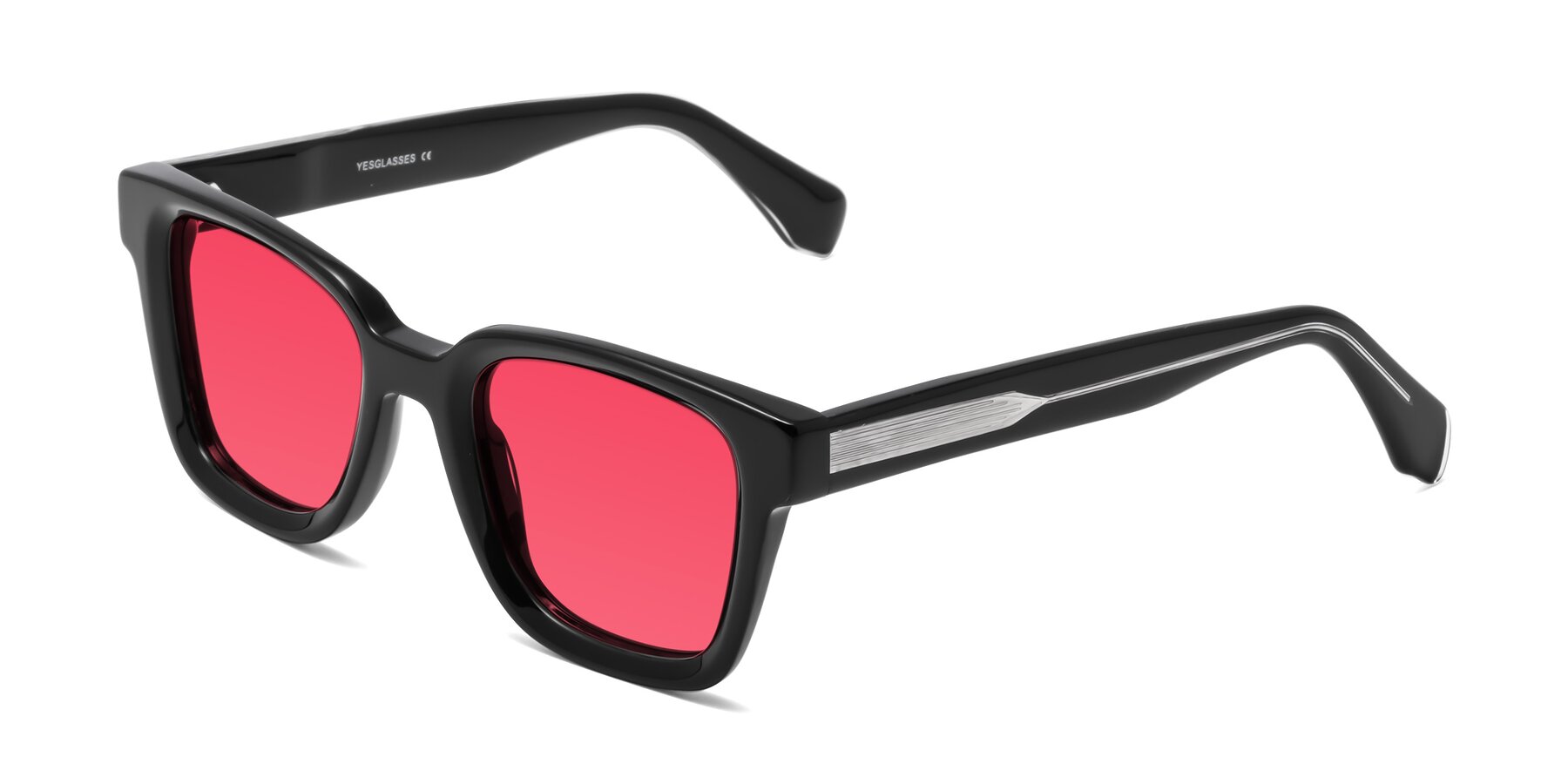 Black Hipster Acetate Trapezoid Tinted Sunglasses with Red Sunwear Lenses - Napa