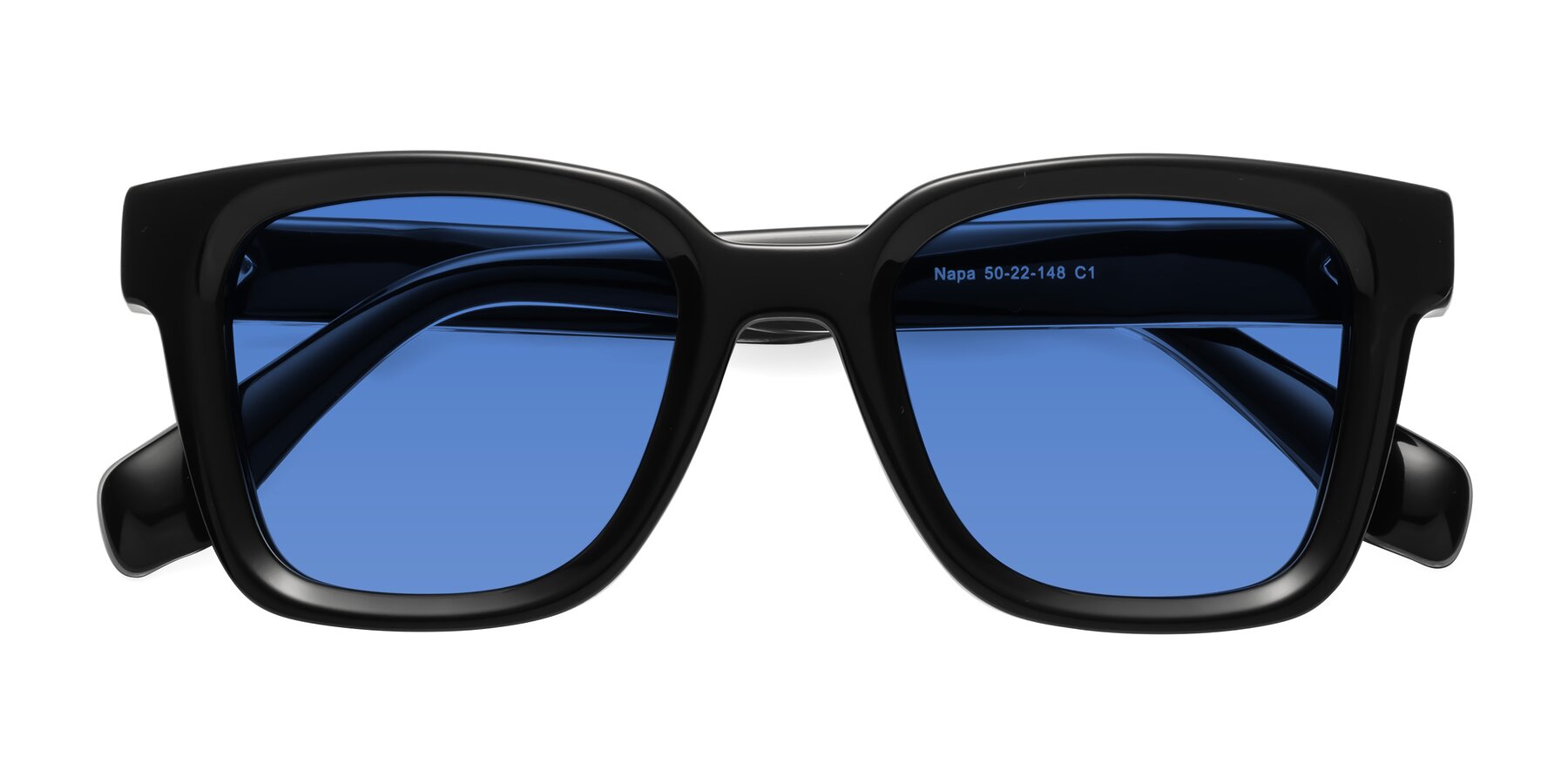 Black Hipster Acetate Trapezoid Tinted Sunglasses with Blue Sunwear Lenses - Napa