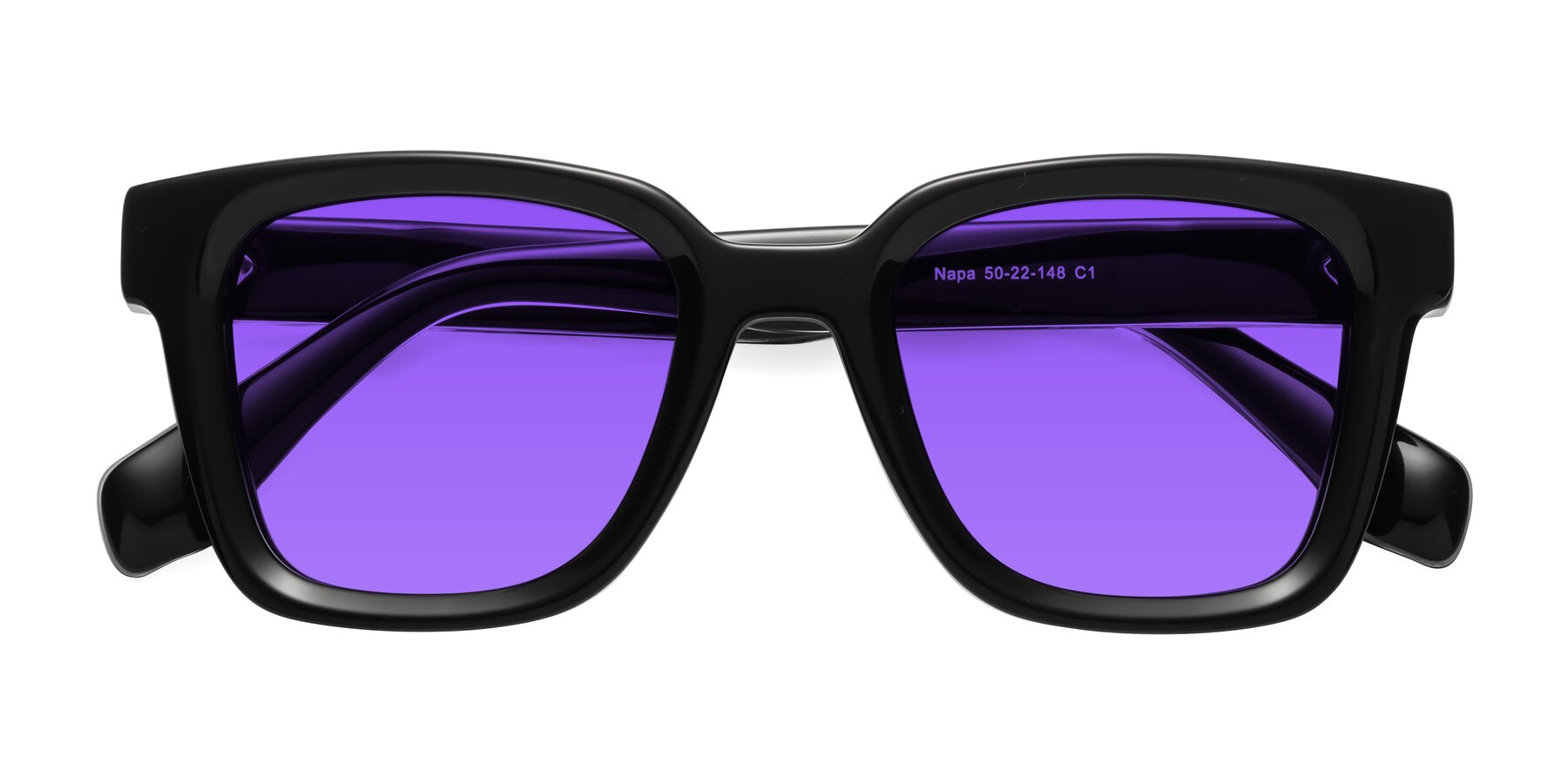 Black Hipster Acetate Trapezoid Tinted Sunglasses with Purple Sunwear Lenses - Napa