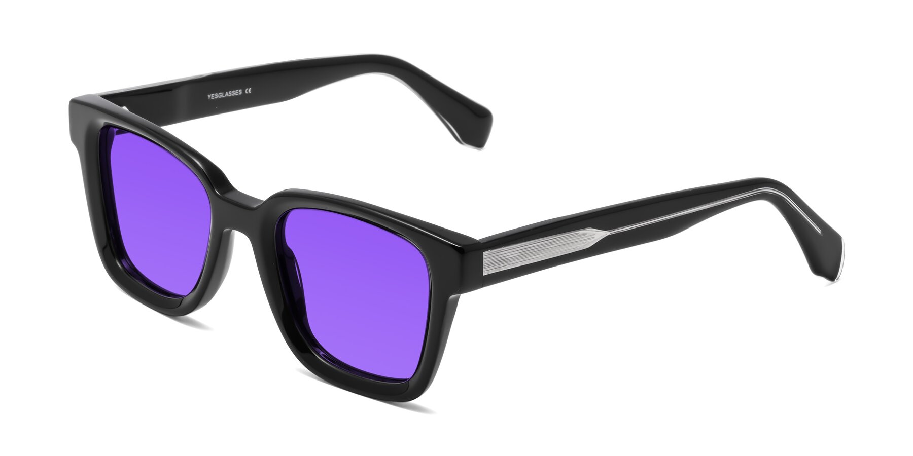 Black Hipster Acetate Trapezoid Tinted Sunglasses with Purple Sunwear Lenses - Napa
