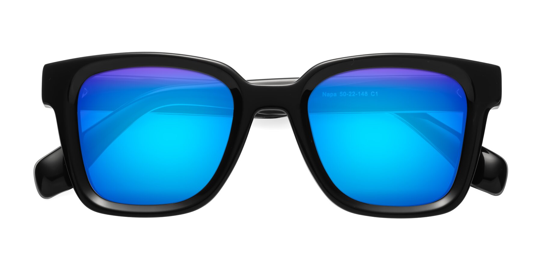 Folded Front of Napa in Black with Blue Mirrored Lenses